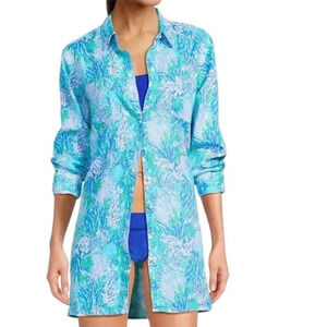 NEW Lilly Pulitzer Women Size XS 100% Linen Button Down Front Sea View Cover Up